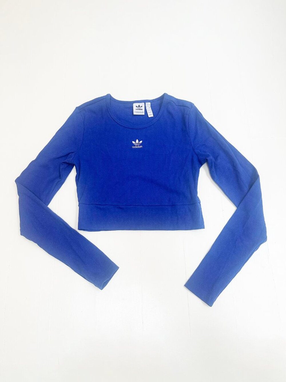 Adidas Blue Cropped Long Sleeve Top | Ribbed Athletic Tee | Size M